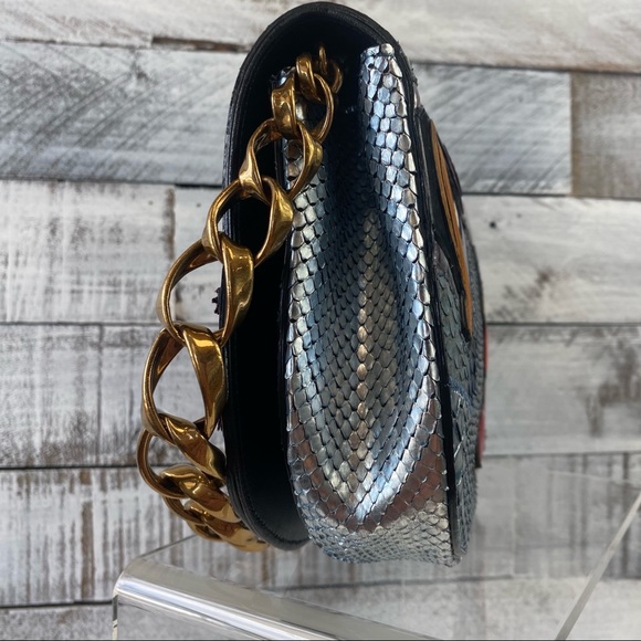 Mark Jacobs Blue Leather Snakeskin flap bag pop art lips straw vacuum eye plug - Picture 9 of 9